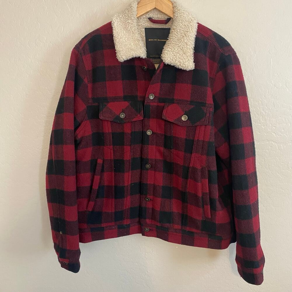 Deus Ex Machina Flannel Sherpa Jacket Coat Mens Size XL Wool Mikey Plaid Trucker